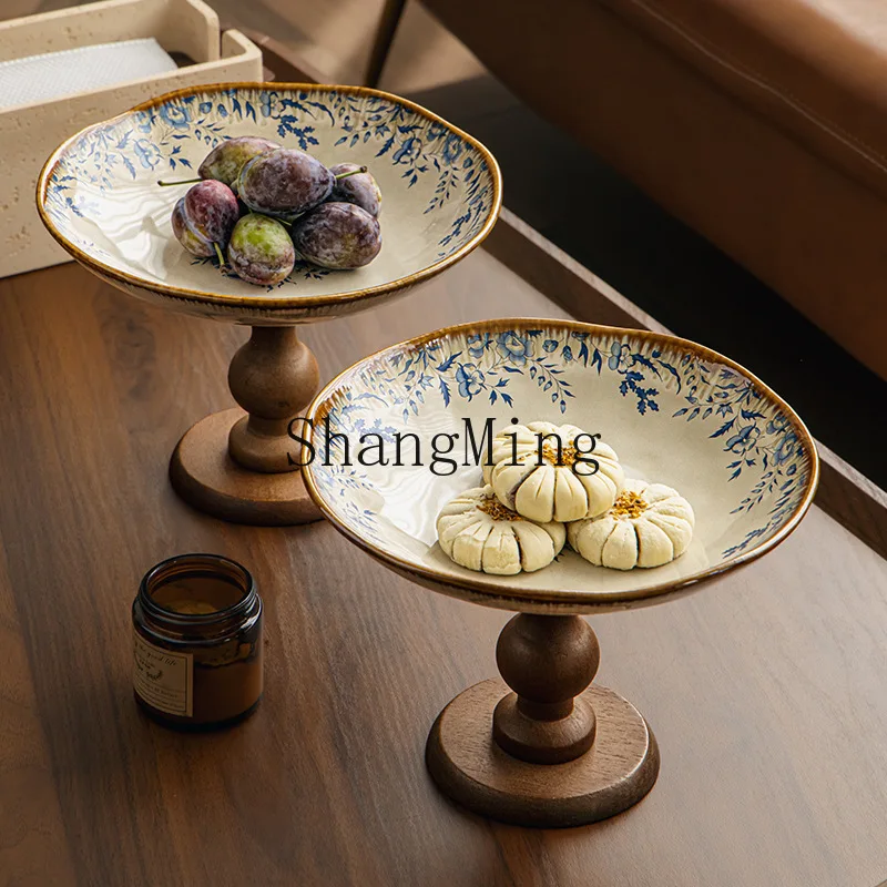 FG medieval high-footed plate retro wood ceramic fruit plate tray housewarming new home fruit plate