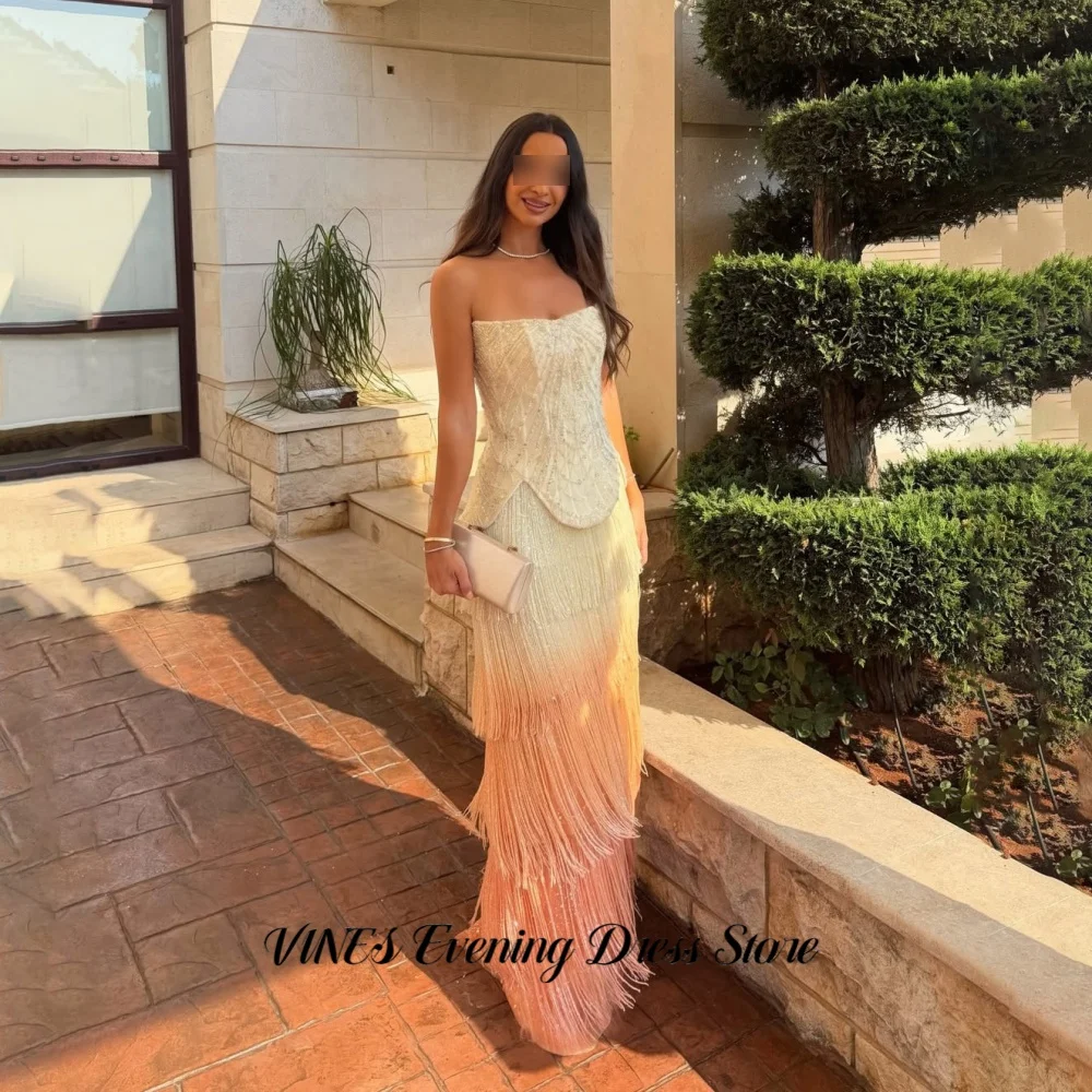 VINES Cream Yellow Peach Gradient Strapless Mermaid Prom Dress Beaded Bodice Peplum Tiered Fringe Evening Gown Formal Customized