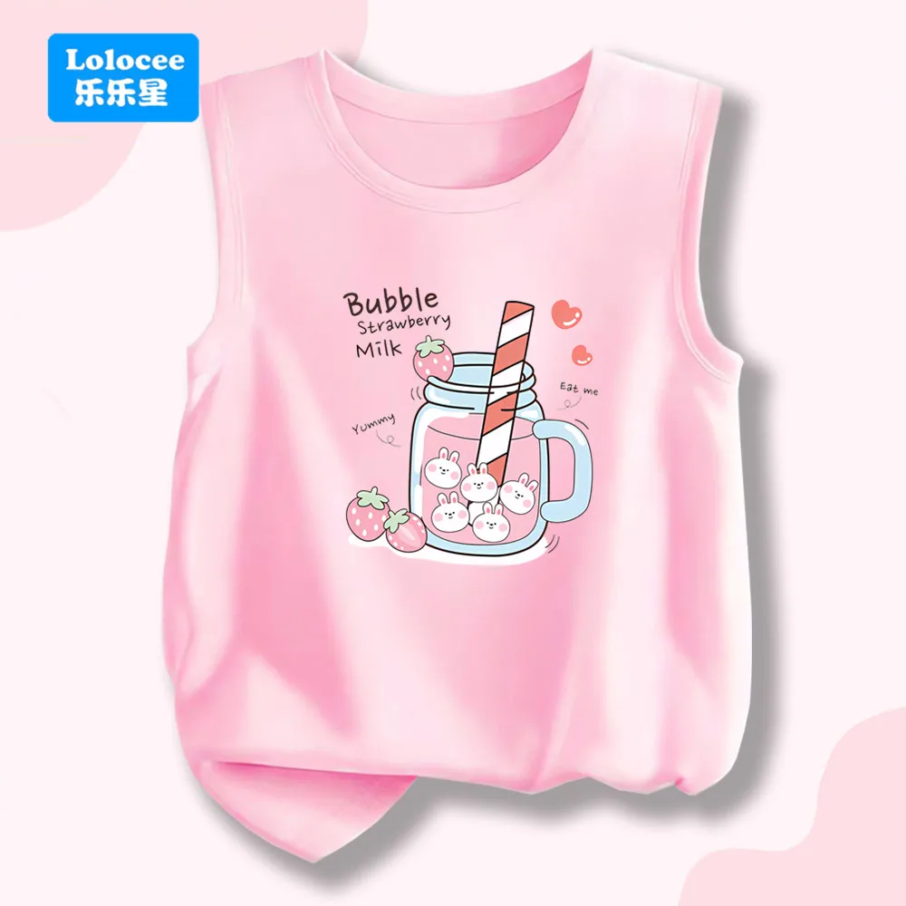 Cute Bunny & Bubble Strawberry Milk Print Girls' Cotton Tank Top - Kids Round-Neck Summer Vest Children Singlet YLNN1