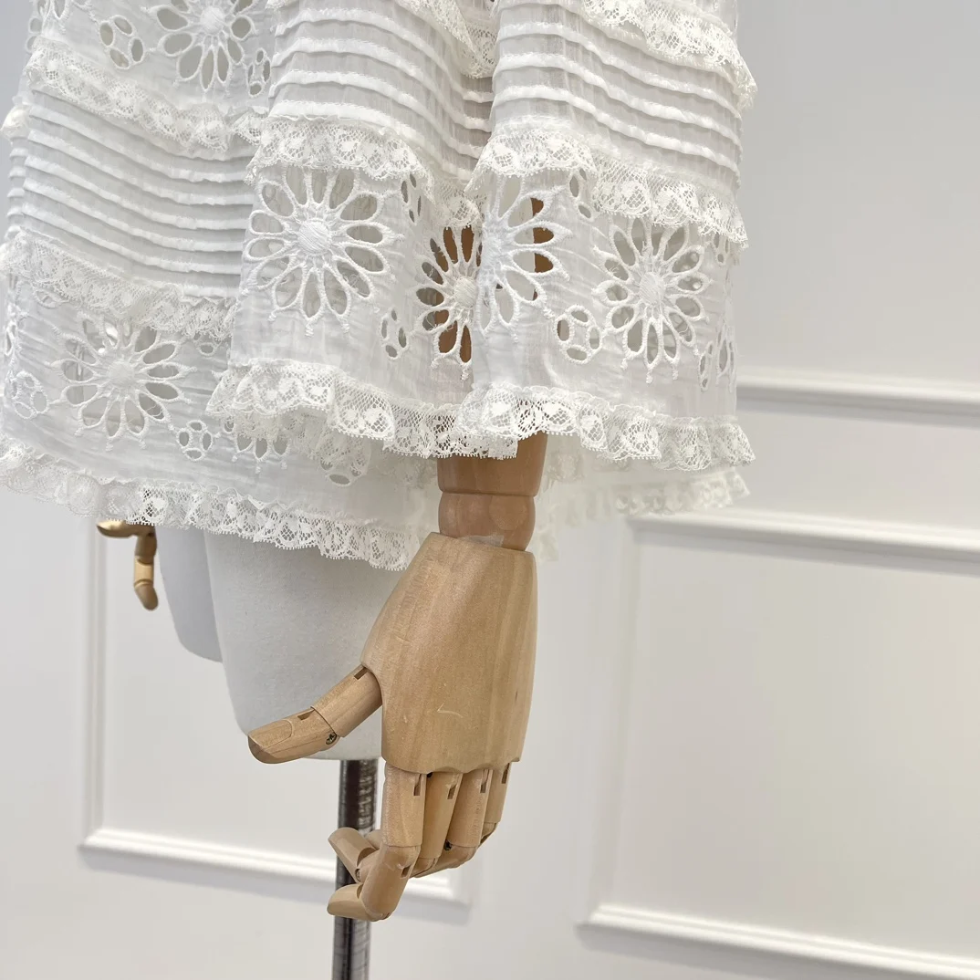 Blusa de algodón con bordado calado para primavera y verano, blusa de dos piezas con encaje Floral, Cuello medio alto, manga de tres cuartos, 2024