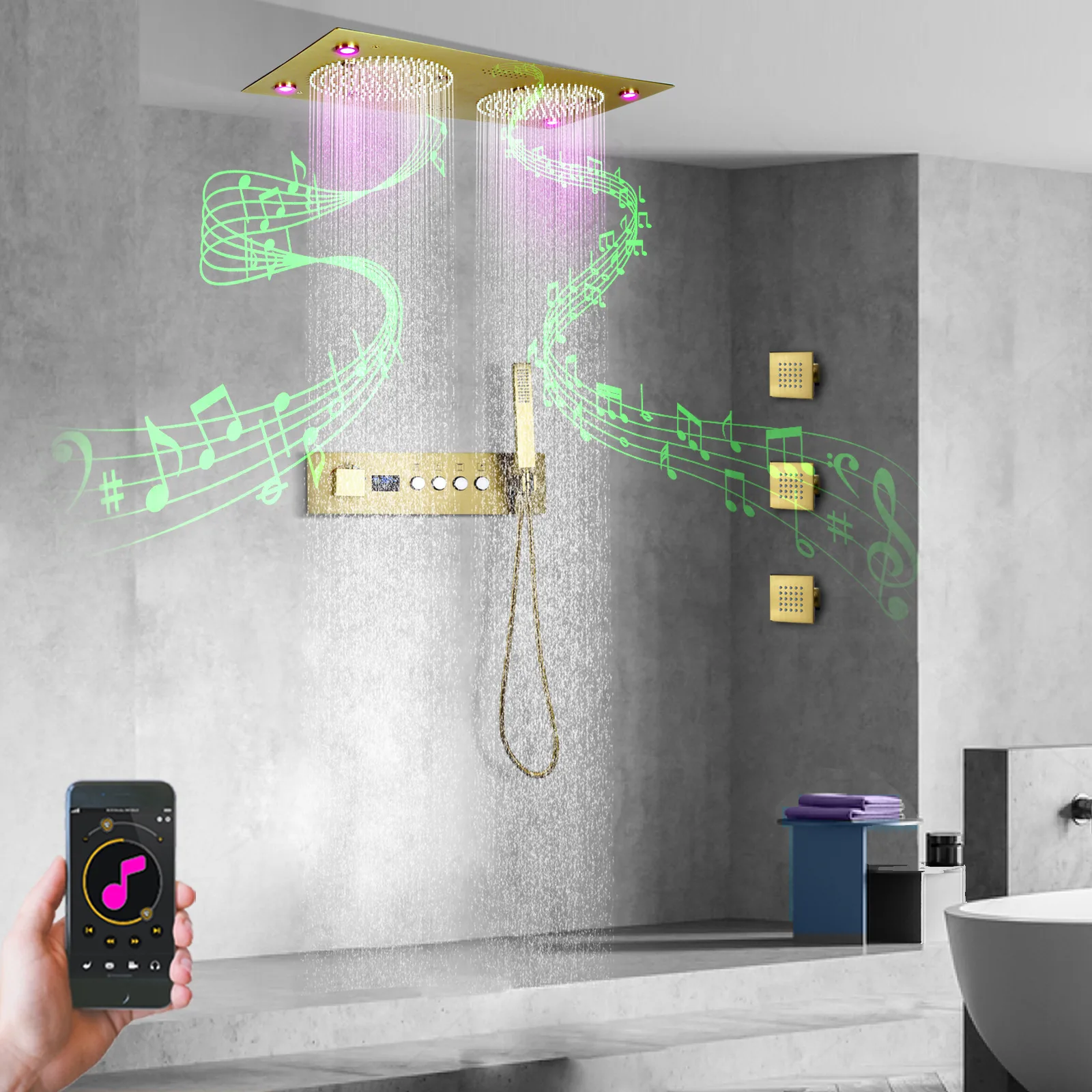 Brushed gold ceiling 62 * 32cm LED top spray with music function digital display constant temperature double