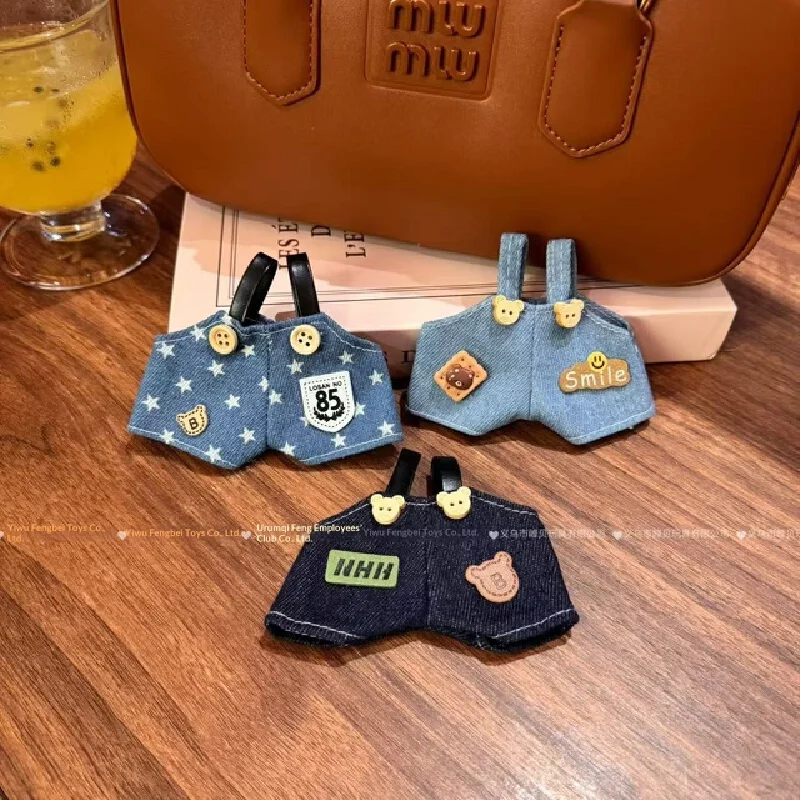 Labubu Denim Suspender Pants 17cm Cartoon Pattern Embroidered Doll Clothes For Labubu Plush Doll Dress Up Collectible Accessory