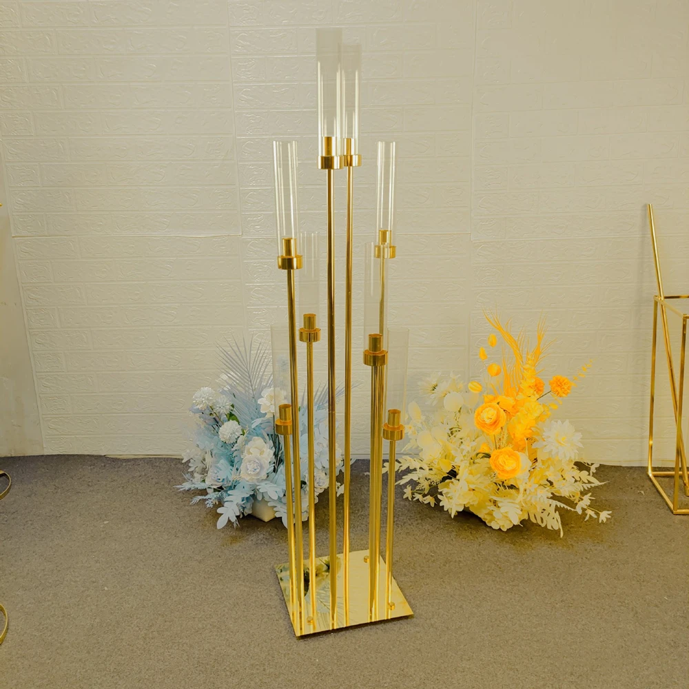 Metal Candelabra Yellow Gold Candlestick Flower Vase Wedding Candle Holder Table Centerpiece Pillar Stand Road Lead Party Decor