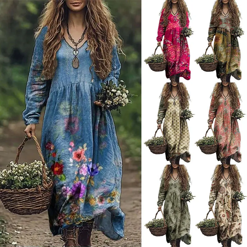 

Dress Women Long Dresses A Line Vestidos V Neck Full Sleeve Elegant Splice Y2k Streetwear Print Work High Waist Summer 2025