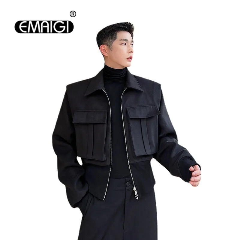 Net Celebrity 3D Pocket Zipper Jacket Men Streetwear Fashion Loose Causal Vintage Short Woolen Motorcycle Jacket Male Coat