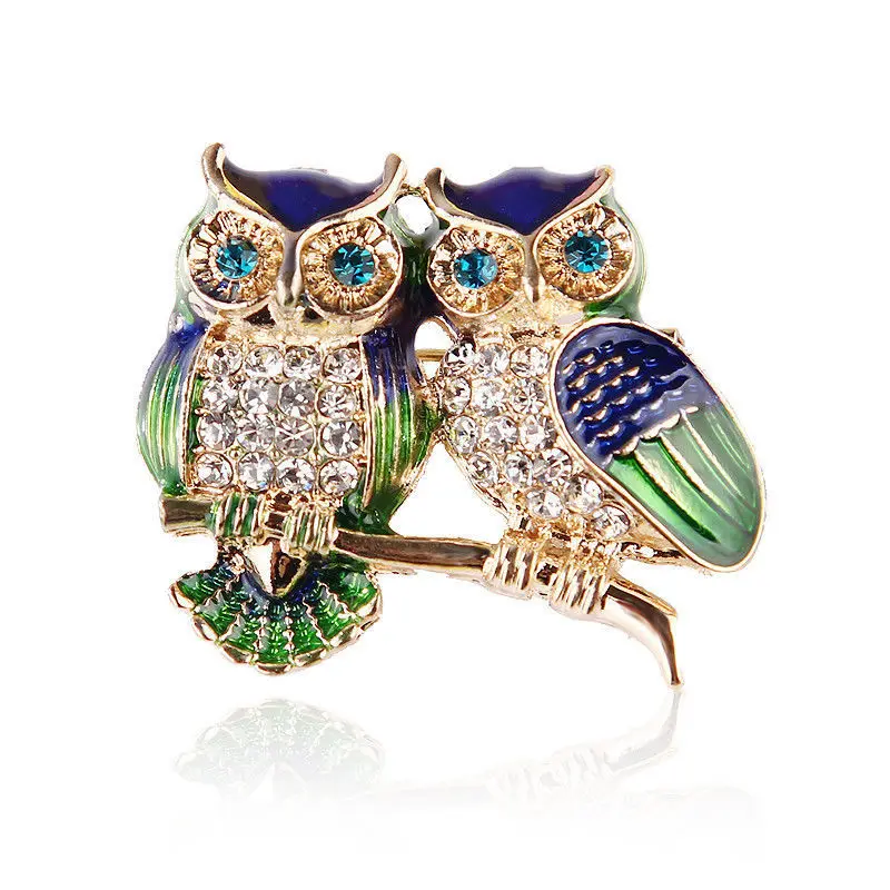 Shiny Zircon Blue Eyes Birds Pins Crystal Enamel Couple Owl Animal Brooches for Women Men Clothes Scarf Buckle Collar Jewelry