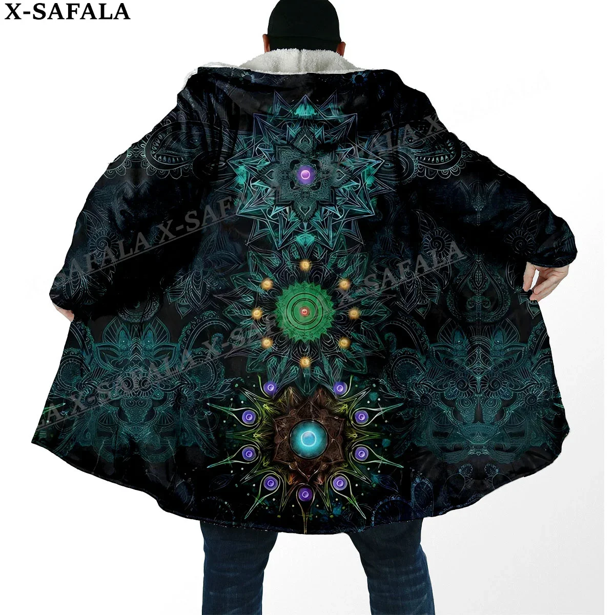 Mandala Trippy Psychedelic Colorful Arts Thick Warm Hooded Cloak Men Overcoat Coat Windproof Fleece Cape Robe Hooded Blanket-8