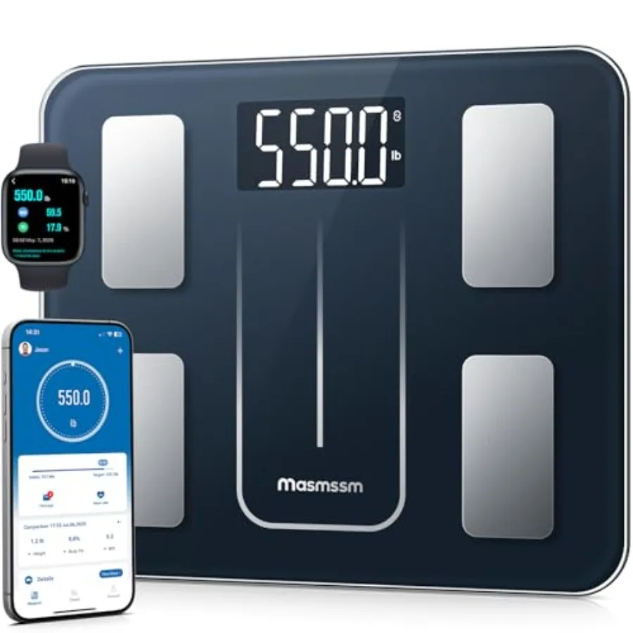 

Bathroom scale for home use, tempered glass, black, high-capacity 550 lb with 4 x 2 LED display and 20-body-metric tracking via