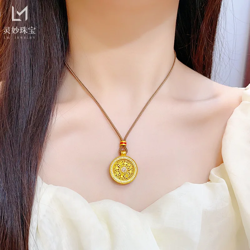24K real gold dot diamond hollow eight treasure compass 9999 rotatable pendant disc necklace sweater chain gift for girlfriend