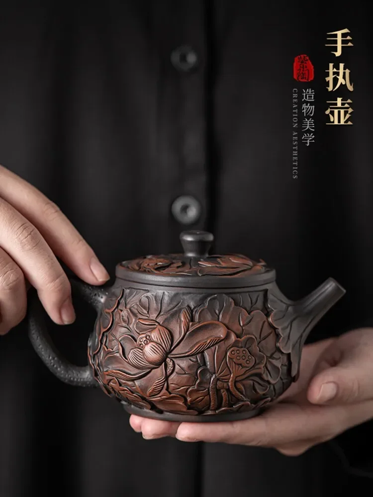 Retro purple pottery tea set Chinese home living room teapot cup ceramic relief kung fu tea set light luxury gifts