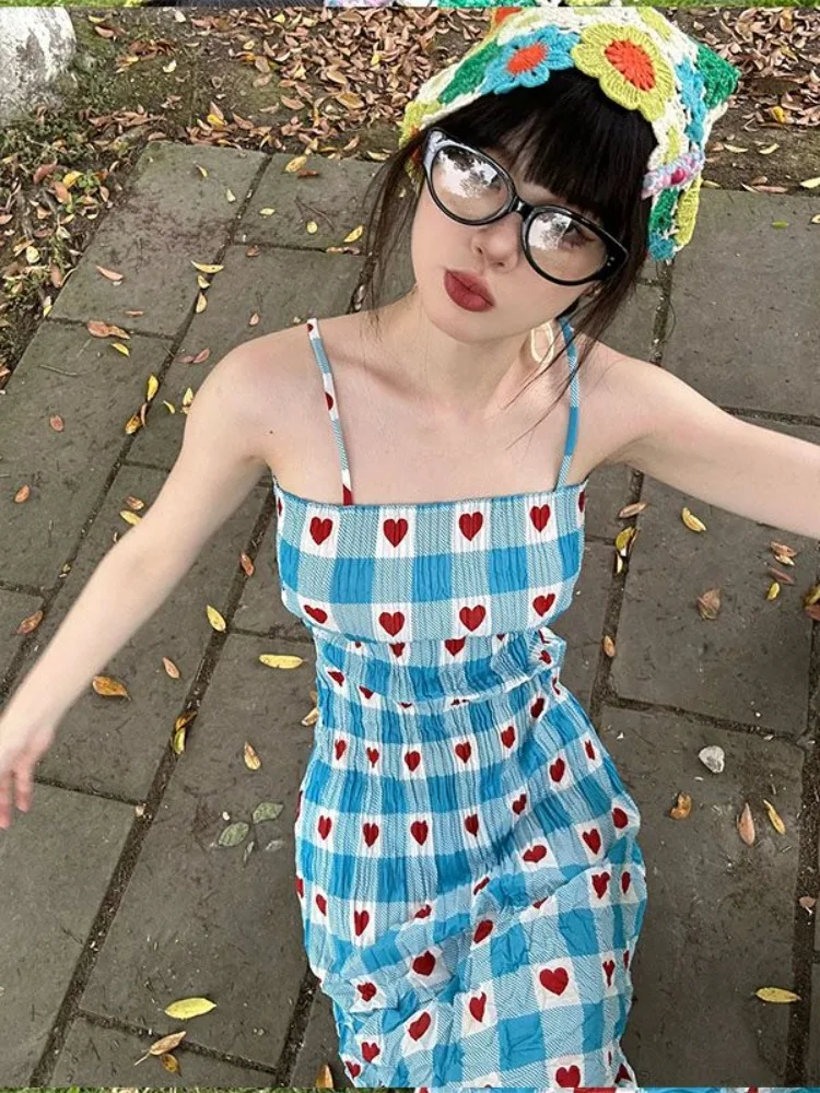 Abito coreano con stampa scozzese a cuore dolce per donna estate nuovi abiti a canotta Slim Fit Y2k E-Girl abiti di media lunghezza Mujer