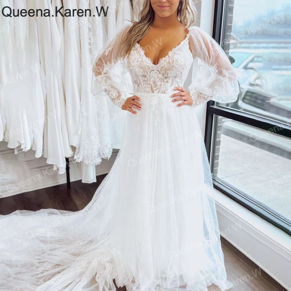 

Elegant Boho A line Wedding Dress strap lace applique bride dress robe de mariee A line Wedding Bridal Gown