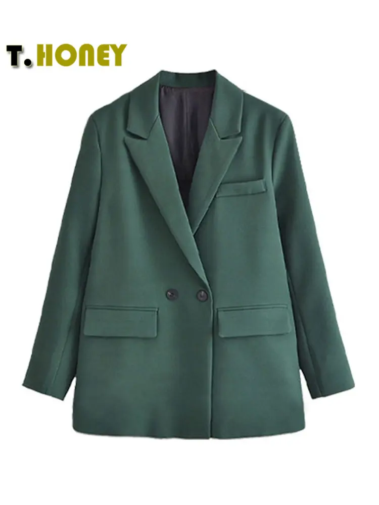 TELLHONEY Women Fashion Solid Double Breasted Blazers Female Elegant Long Sleeves Loose Jacket Coats Office Ladies Outerwear Top