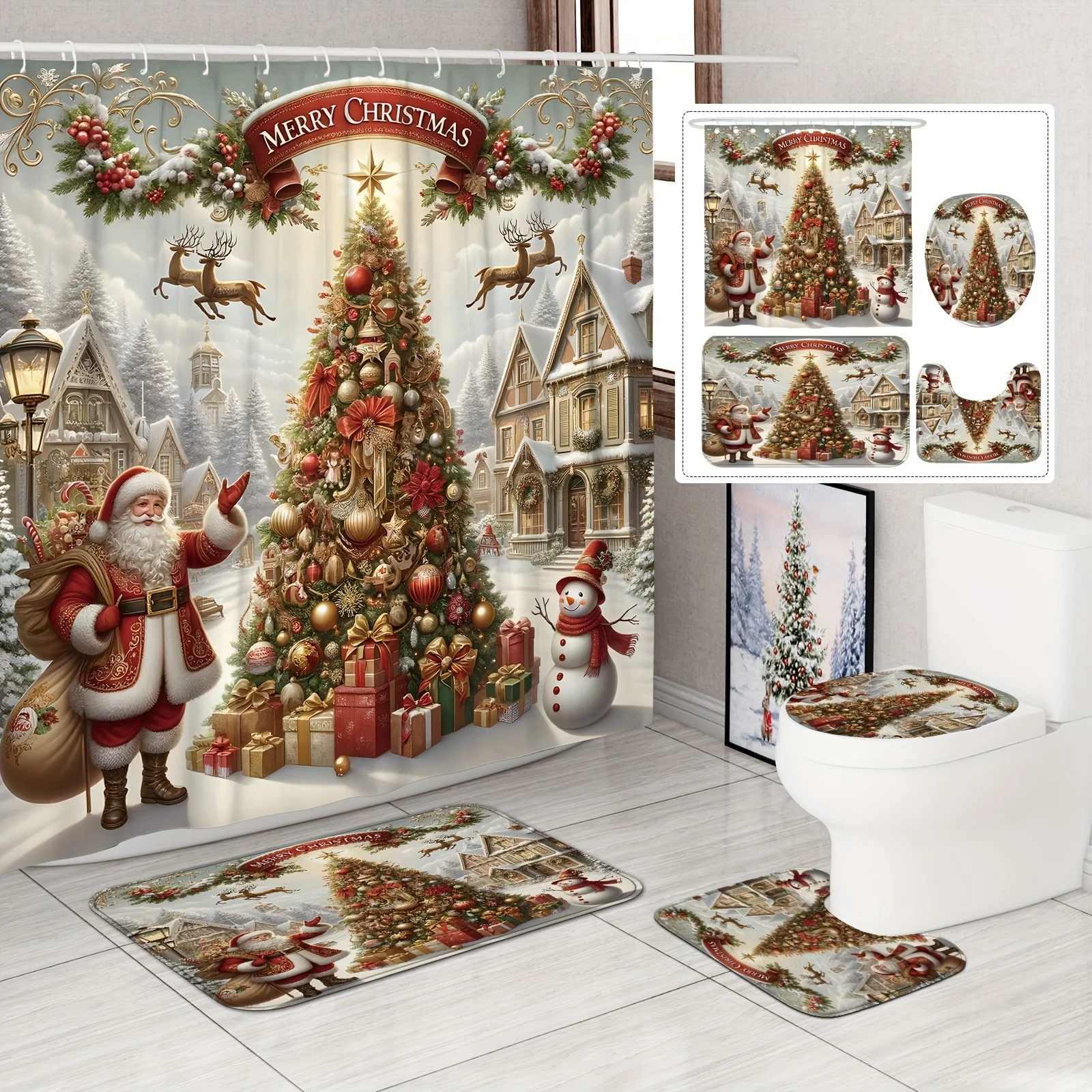 

Рождественский набор для ванной из 4 предметов — снеговик из дерева Санта-Клауса, красный, зеленый, нескользящий коврик, U-образный чехол, праздничный декор для ванной комнаты | Рождественское украшение