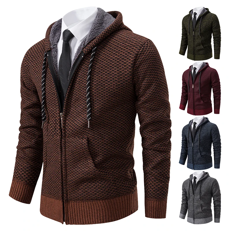 

Men's Winter Autumn Clothing Sweater Coat Fleece Knitted Jacket Zipper Up with Hood Korean Luxury Quality Blue Jumpers