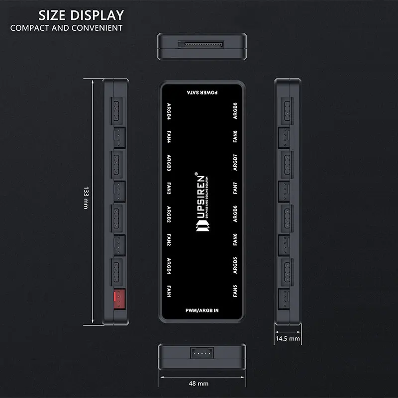 UPSIREN HU-8 Chassis Fan Hub，Support motherboard synchronization，Bottom magnetic design，8 Sets of ARGB and PWM Interfaces
