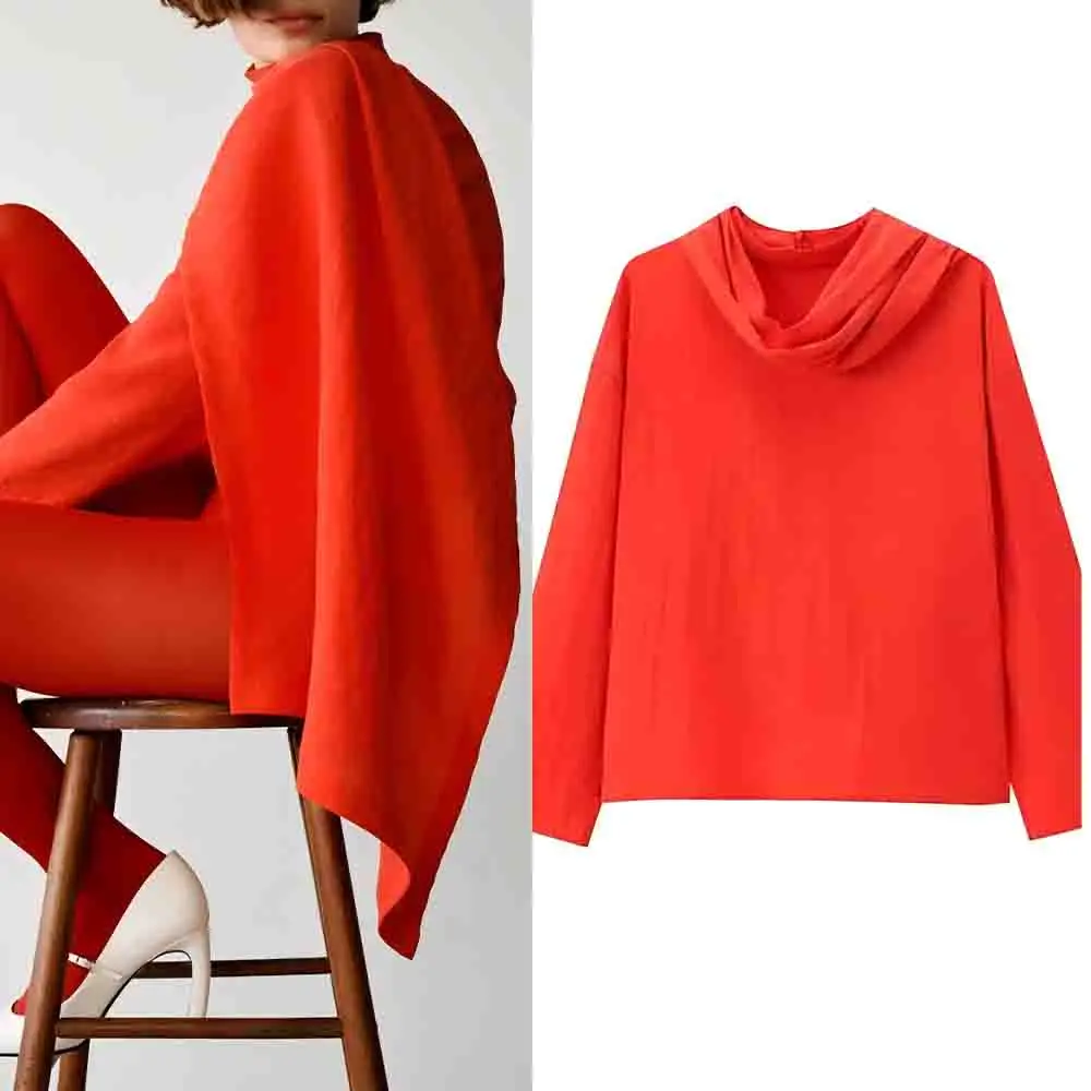 

Women's new fashion thin scarf decoration casual stand collar shirt retro long sleeved back zipper women's shirt chic top