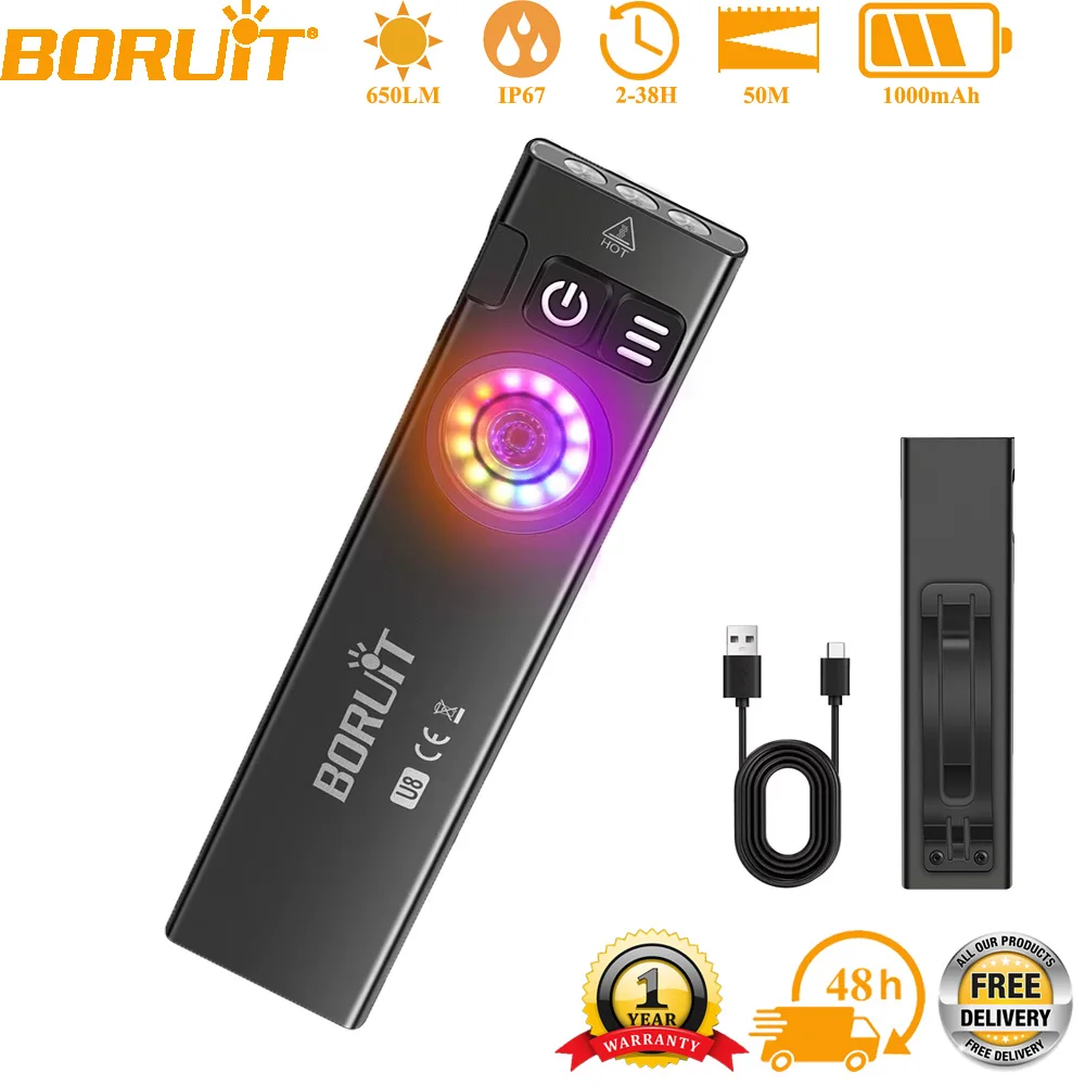 BORUiT U8 EDC LED Flashlight RGB Light 650LM Type-C Rechargeable Mini Torch With Magnetic  & Clip Outdoor Camping Pocket Lantern