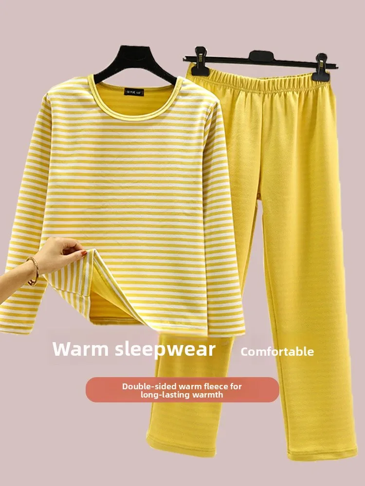 

Thiened Fce Warm Home Clothes Set Women's Winter Spwear Loose Long Sve Striped Loungewear Two-Piece Suit