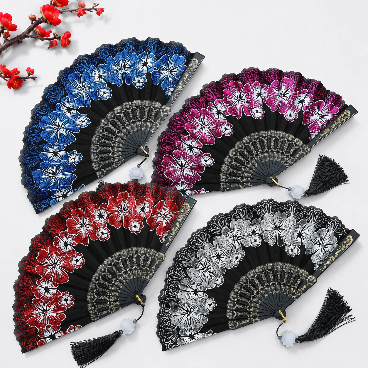 Floral Print Folding Hand Fan with Black Tassel, Vintage Decorative Fan for Dance Wedding Party Costume