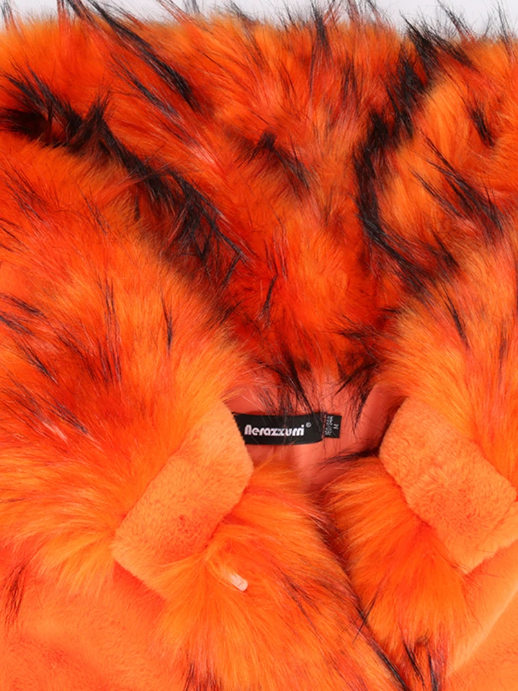 Nerazzurri Winter Long Orange Warm Thick Soft Fluffy Faux Fur Coat with Fur Trim Belt Elegant Luxury Retro European Fashion 2021