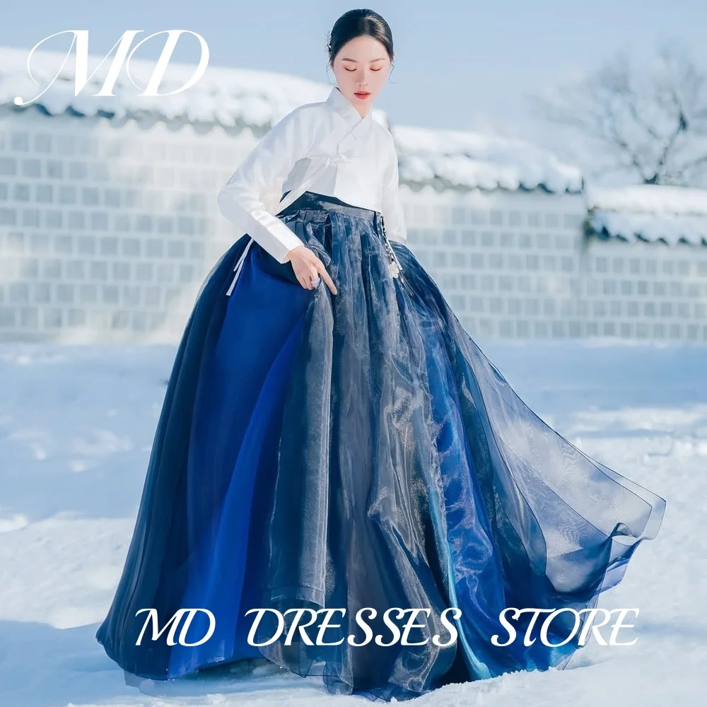 

MD Gemstone Blue A Line Hanbok Long Sleeve V-Neck Wedding Dresses Korea PhotoShoot Bridal Gowns Customised Formal Party Dress