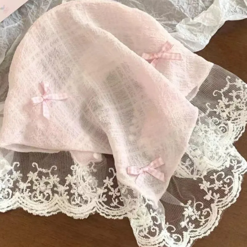 Korean Lace Bow Retro Triangular Scarf Solid Color Headscarf Trend Elegant Headwear for Women Girl Y2K Jewelry 2024 INS Bandana image 4