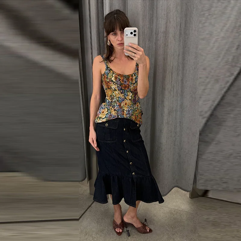 Schickes Damen-Top mit Blumenmuster, schmal geschnitten, ärmellos, mit schrägem Ausschnitt, rückenfrei, mit Reißverschluss, Sommer-Tanktop für den Urlaub 2026 – Detail 5