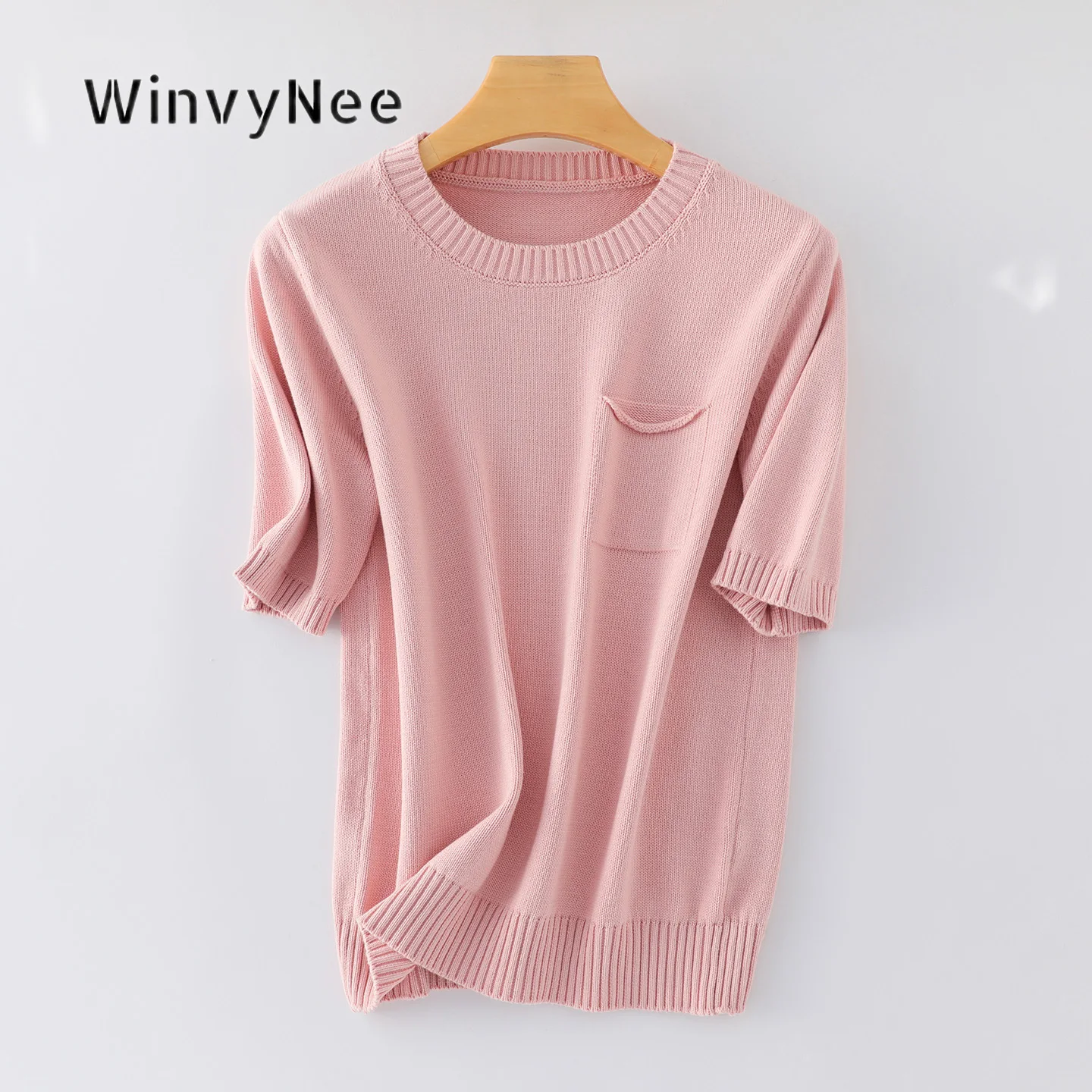 WinvyNee Women Pure Cotton Pocket Crew Neck Short Sleeve Knit Pullover Loose Sweater Tops Fashion Spring Autumn Wear A1092049