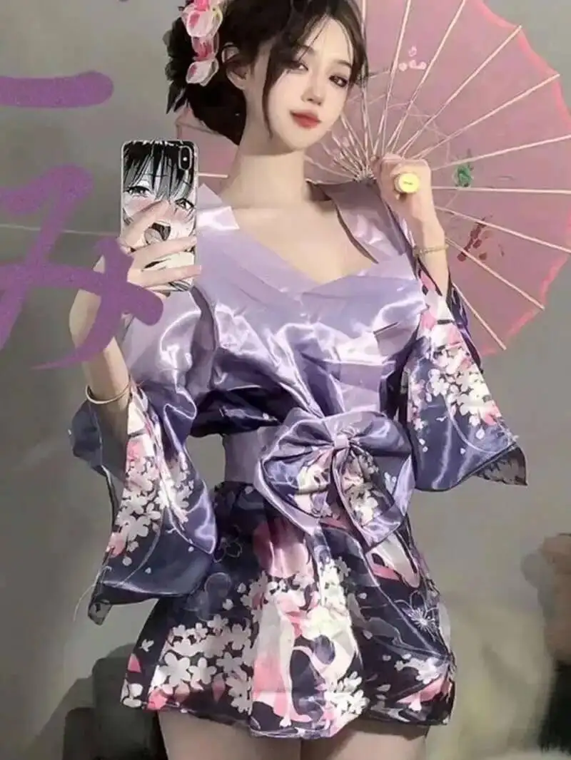 Long Floral Pattern Sleeve Bowknot Waistband Slim Kimono Dress Elegant Purple Plus Size Package Hip Temperament Dresses New NCCO