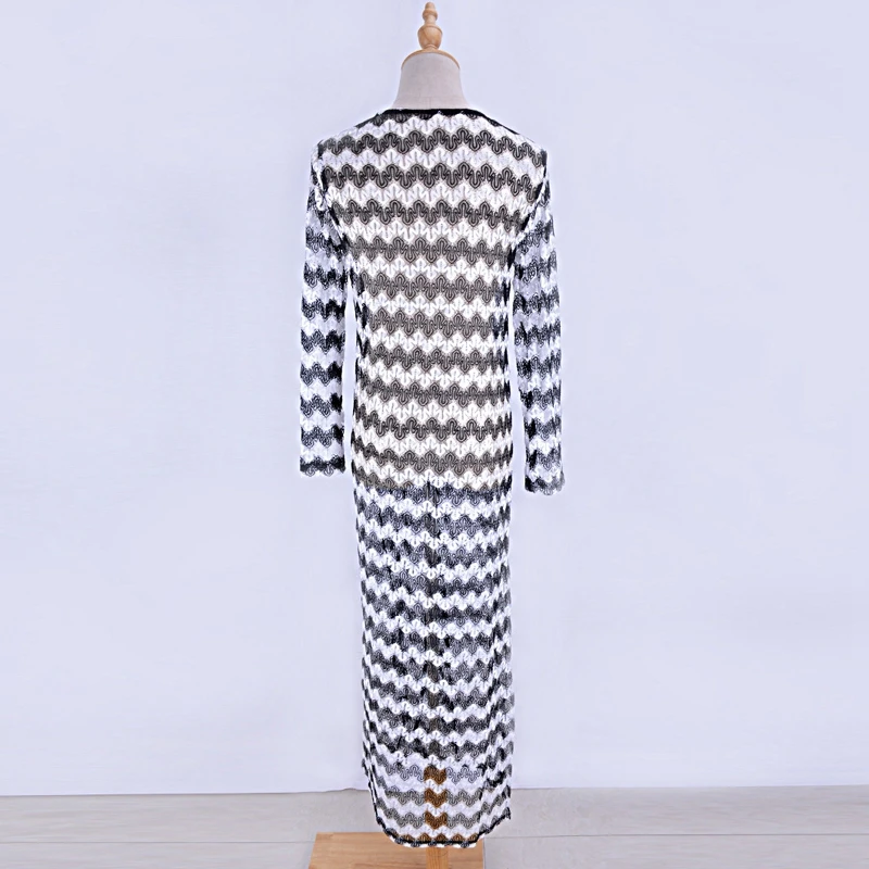 Zigzag Pattern Zebra Women Cardigan Black&White Knit Maxi Sweater Long Sleeve Lace Beach Cover Ups Floor Length Button Coat Cape