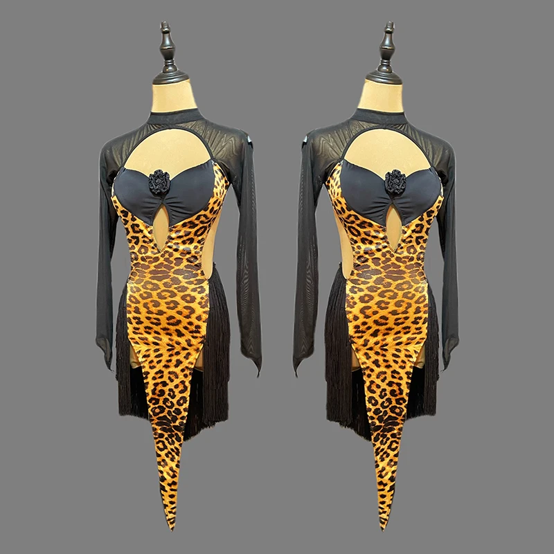 セクシーなラテンダンスの服の女性長袖パフォーマンス衣装ヒョウ柄フリンジドレスチャチャルンバサンバダンスウェア VBH855
