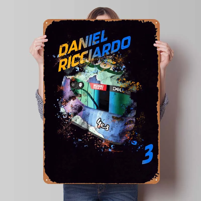 Daniel Ricciardo F1 Helmet Tin Sign Man Cave Wall Art Vintage Metal Signs for Pub Club Garage Wall Decoration House Decor Room