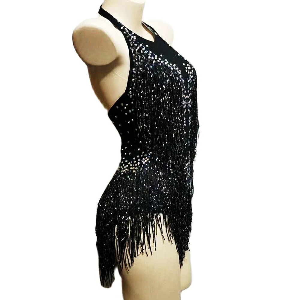 Fato de strass preto dourado com franja de strass feminino, roupa drag queen, body collant dançarina, sem costas, roupa latina Cha Cha Cha Stage, 2024