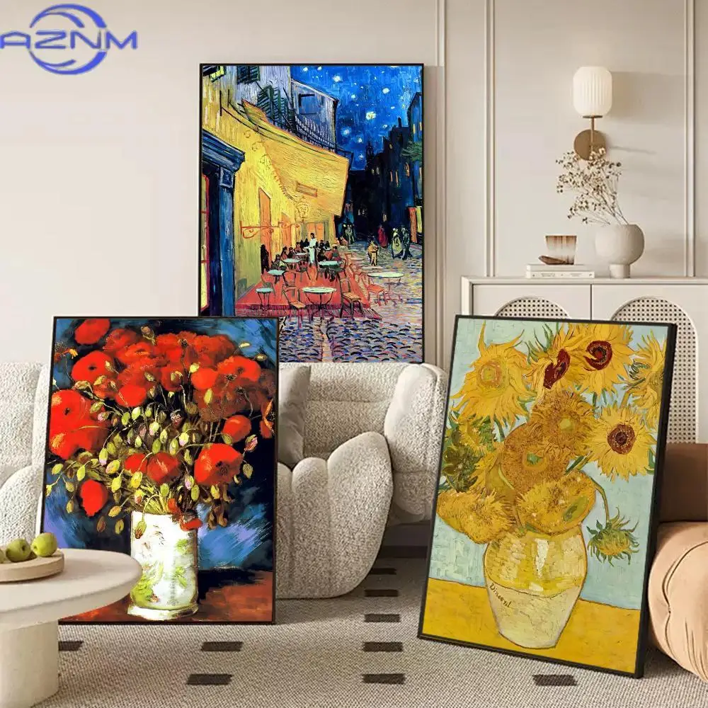 AZNM Van Gogh Cafe Terrace At Night Painting Calligraphy Canvas Poster Wall Art interior Hallway Home Decoration Holiday Gifts