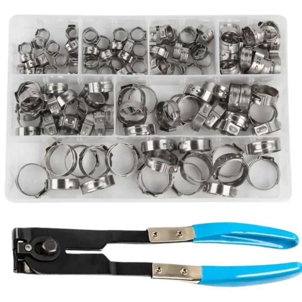 140/80PCS Single Ear Stepless Hose Clamps Hose Clip Clamp Pliers Set 7-21mm Stainless Steel Fuel Hose Clamps Cinch Clamp Ring