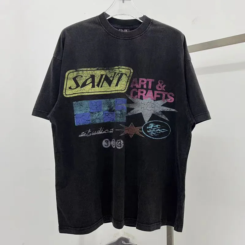 Saint T-shirts New Vintage Wash Letter Printing Chaopai High Street Men Woman Loose Casual Short Sleeve Top Tee