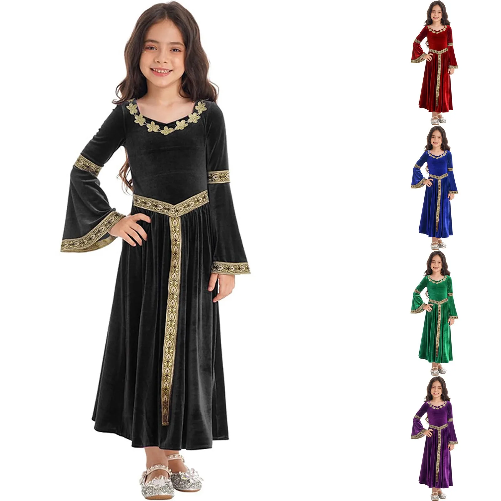 Children Medieval Princess Trumpet Sleeve Dress Comfortable Princess Queen Cosplay Costume Halloween Carnival Party Dress Up