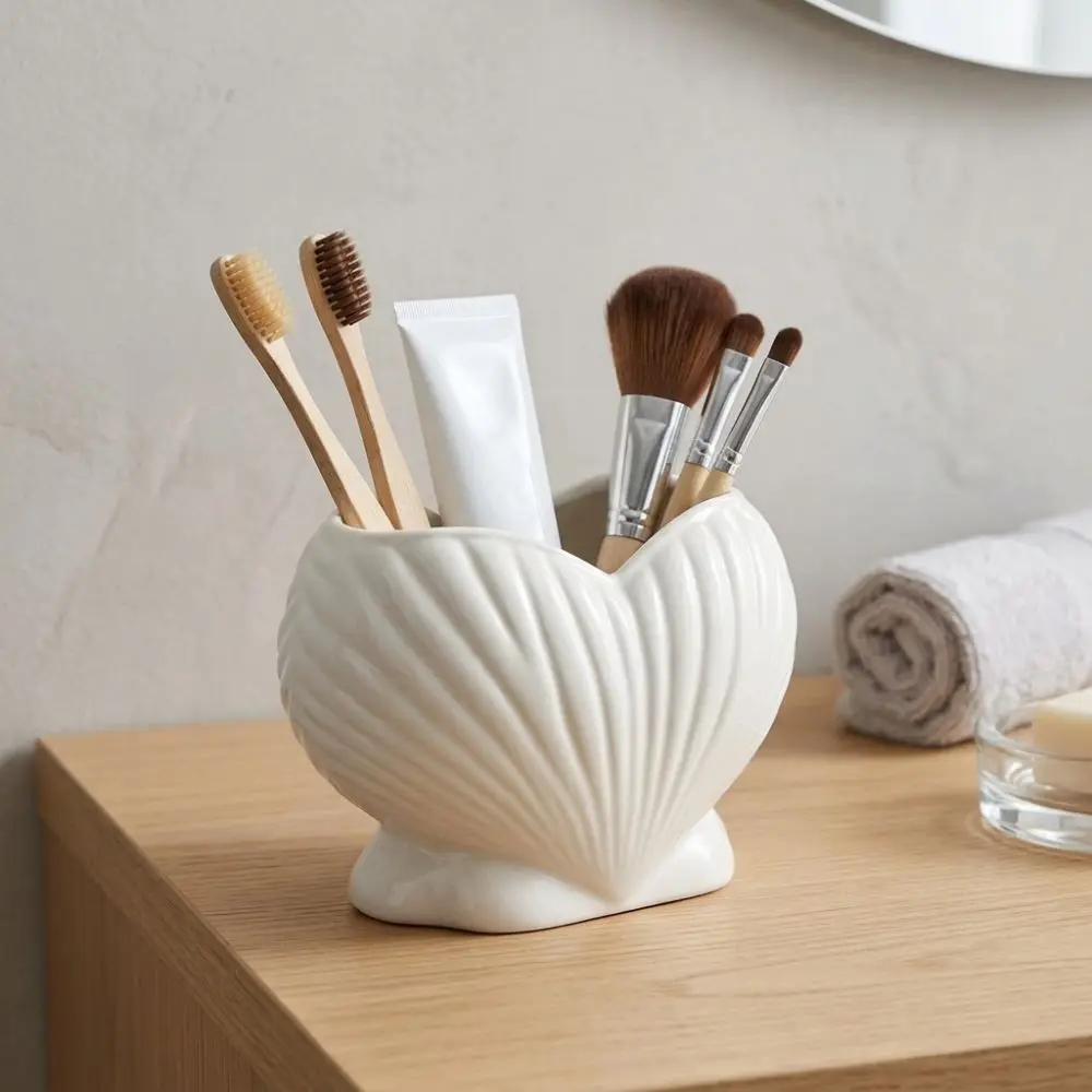 3D Printed Shell Shape Toothpaste Toothbrush Holder Coastal Style Aesthetic Heart Shell Desk Organizer Stable Base Plastic