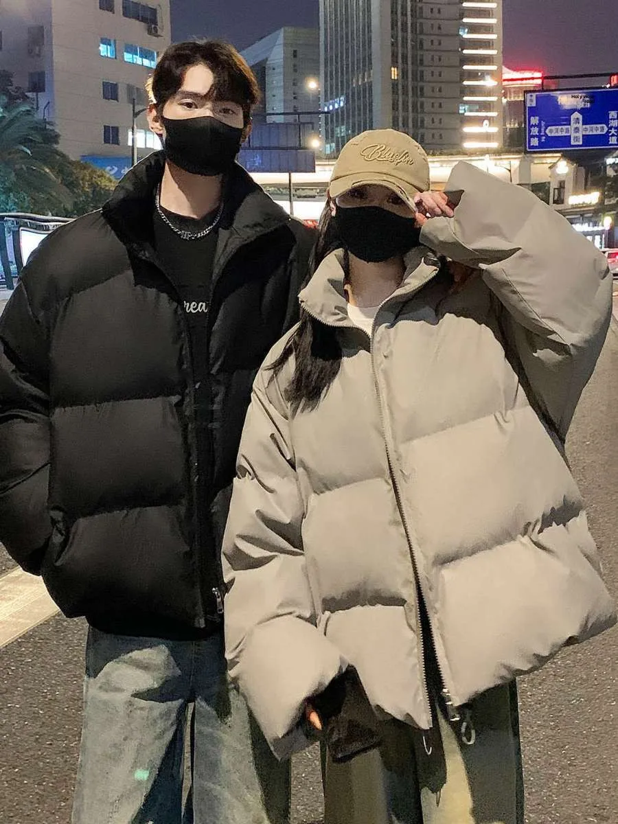 

ex Thiened ort Puffer Jaet Winter Warm Cotton down Coat Bread Sle Couples Matching Outerwear Trendy Long Zipper