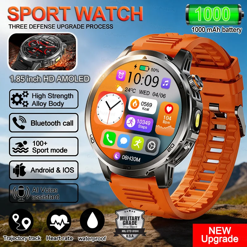 

2026 New Outdoor Military 1.85-inch AMOLED Smart Watch Fitness Clock Men 1000mAh Battery 10ATM Waterproof HD Call Bracelet Men