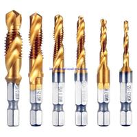 6 Pieces Drill Tap Combination for Titanium Coated HSS 1/4inch Shank Metric Thread Drill & Tap Bits Set M3-M10