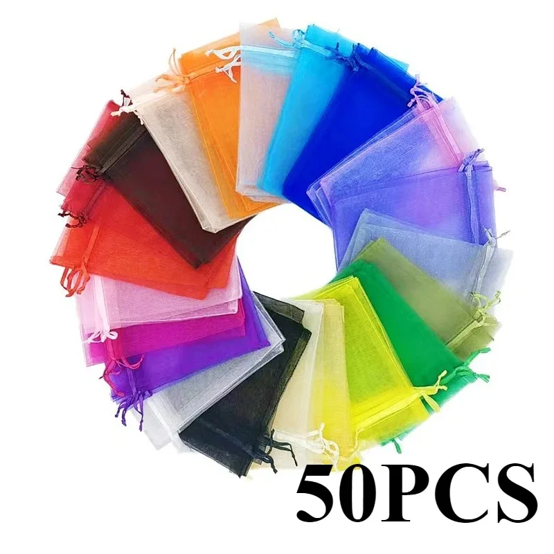 50PCS Solid Color Drawstring Mesh Bag Transparent Jewelry Packaging Bag Wedding Party Valentine's Day Gift Packaging