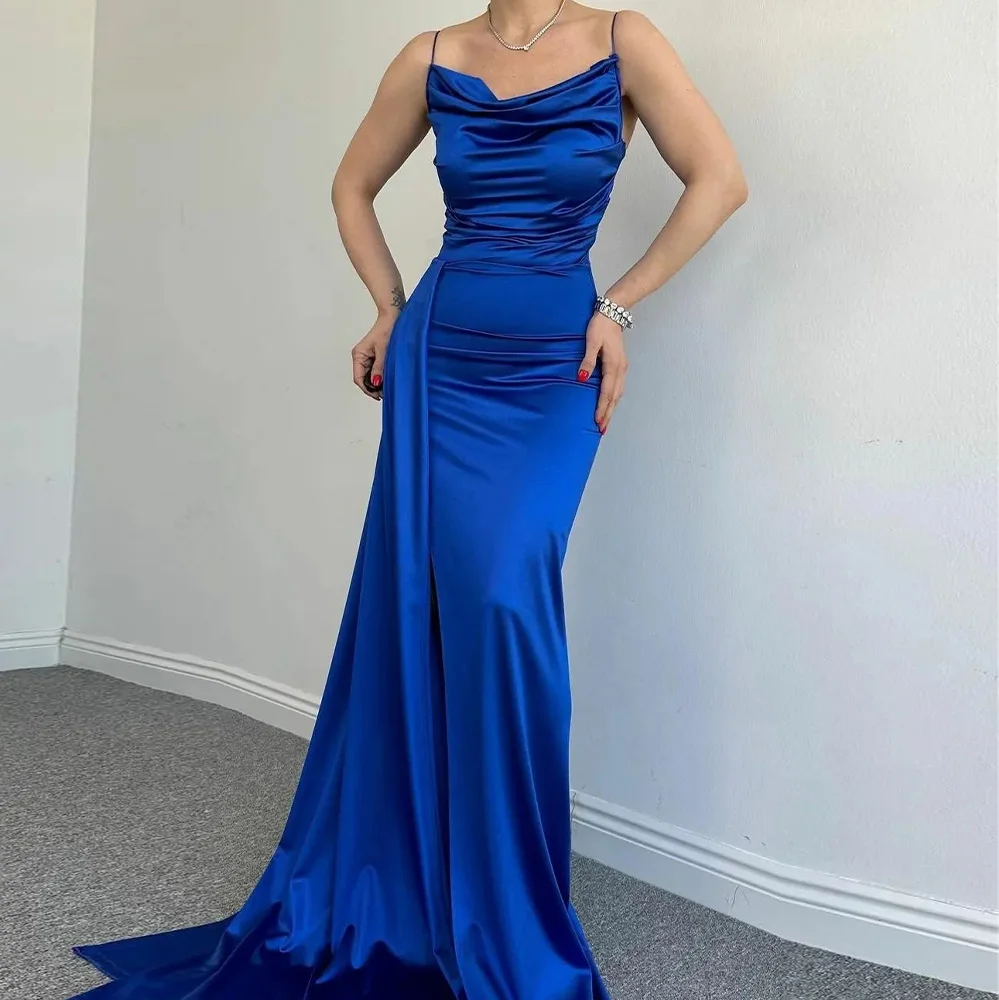 

Elegant Party Dresses Woman Straight Satin Spaghetti Straps Pleats Sleeveless Floor Length Sweep Train Solid Blue Evening Dress