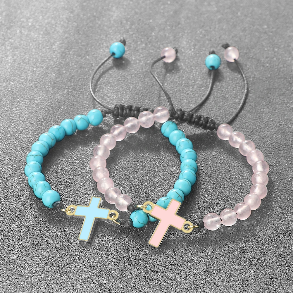 النساء الصليب سوار 6 مللي متر الوردي الكوارتز الأسود الجزع الحجر الطبيعي الخرز أساور اليدوية الرجال الإسورة قابل للتعديل الصلاة اليوغا مجوهرات #6