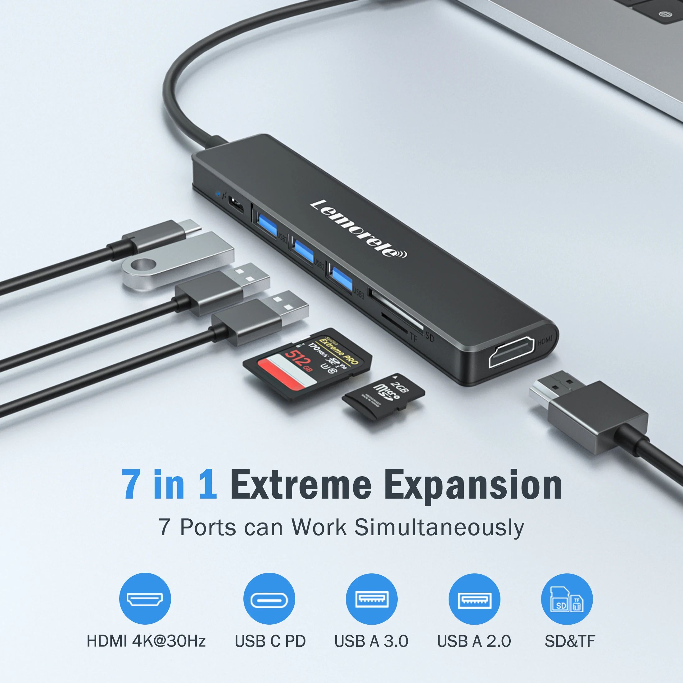 Lemorele 7 In1 USB-C HUB Type-C 3.0 Docking Station HDMI 4K@30Hz 100W PD SD/TF Slot Fast Transfer for MacBook Windows PC Monito