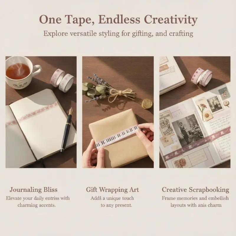 Aesthetic Decorative Masking Tape Sparkling Pink Rose Piano Print Tearable No Residue for Journal DIY Scrapbooking Craft