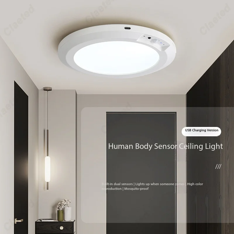 LED Human Body Induction Ceiling Light for Home Hallway Wardrobe Balcony Wireless Induction USB Charging Model with RC Luminaire