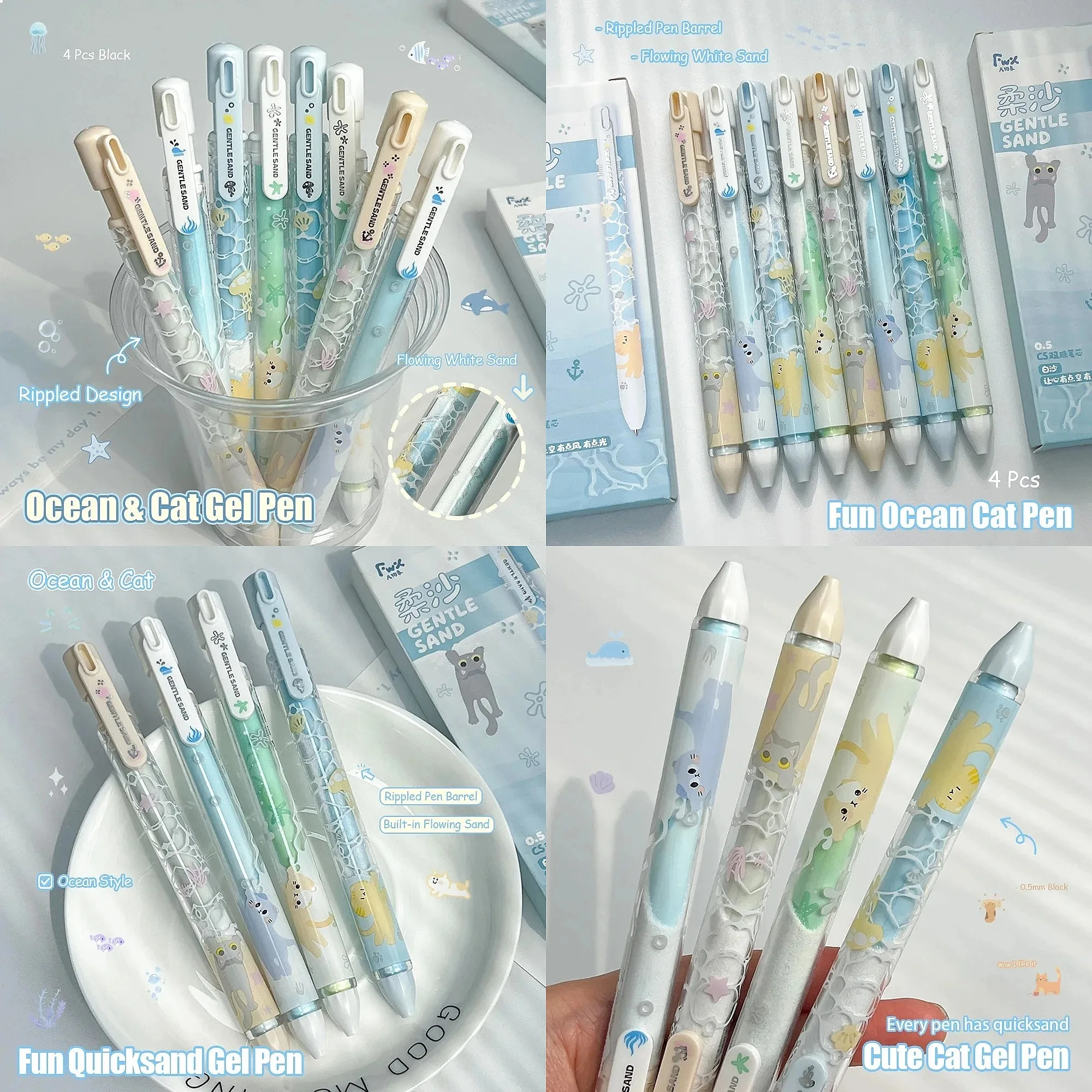 4Pcs Cute Ocean Cat Quicksand Floating Glitter Gel Pens 0.5mm Quick-Dry Black Ink Smooth Writing Pens for School Office