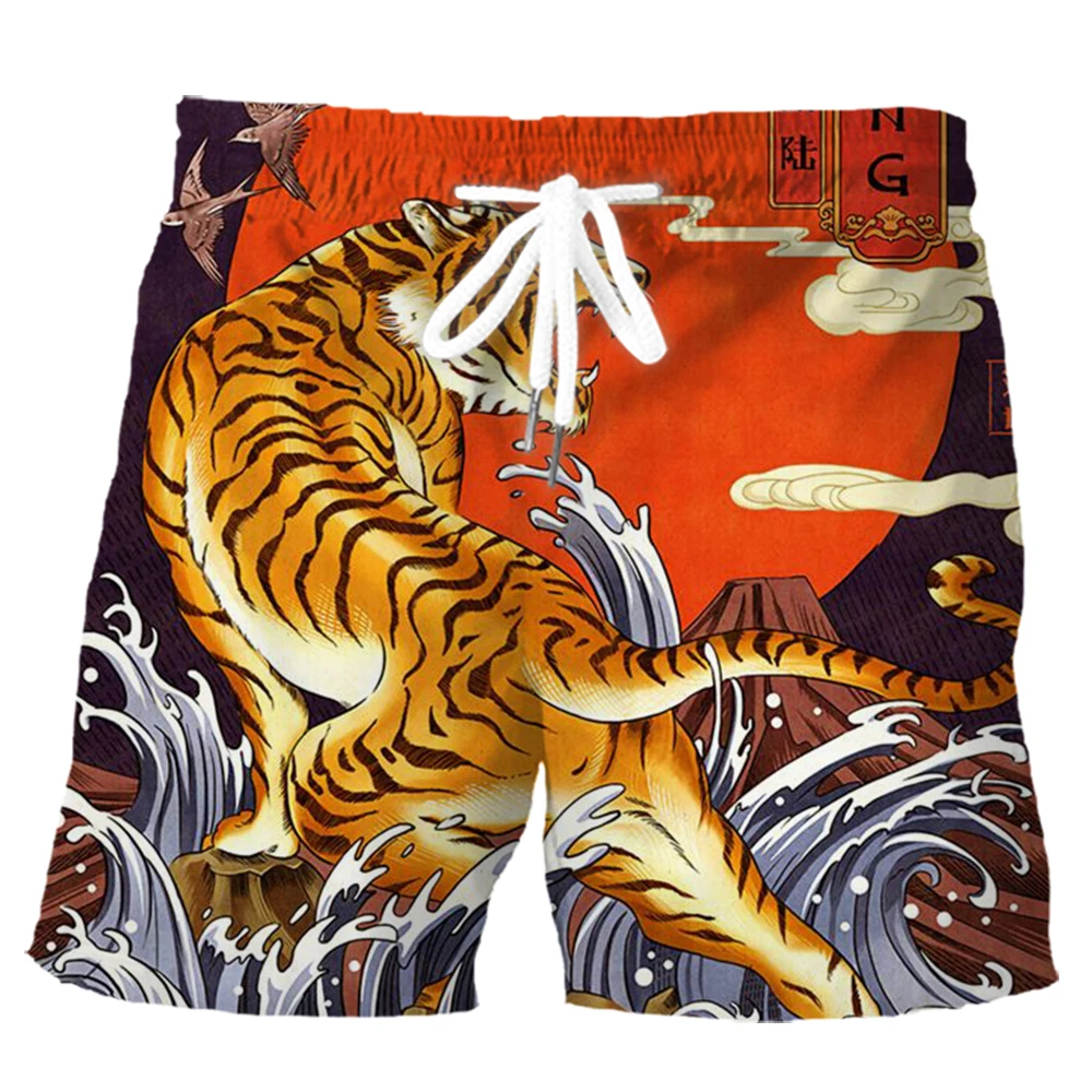 HX Fashion Sports Shorts Ukiyo-e Rising Sun Wave tiger Mount Fuji 3D Printed Pants Summer Pockets Men Casual Board Shorts